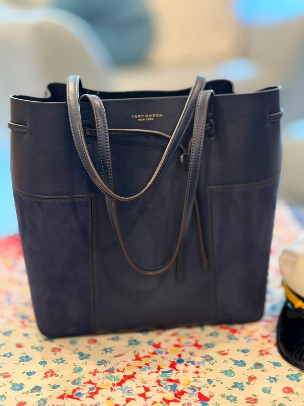 Tory Burch Block-T Mixed Material Bucket Tote Bag True Navy Blue